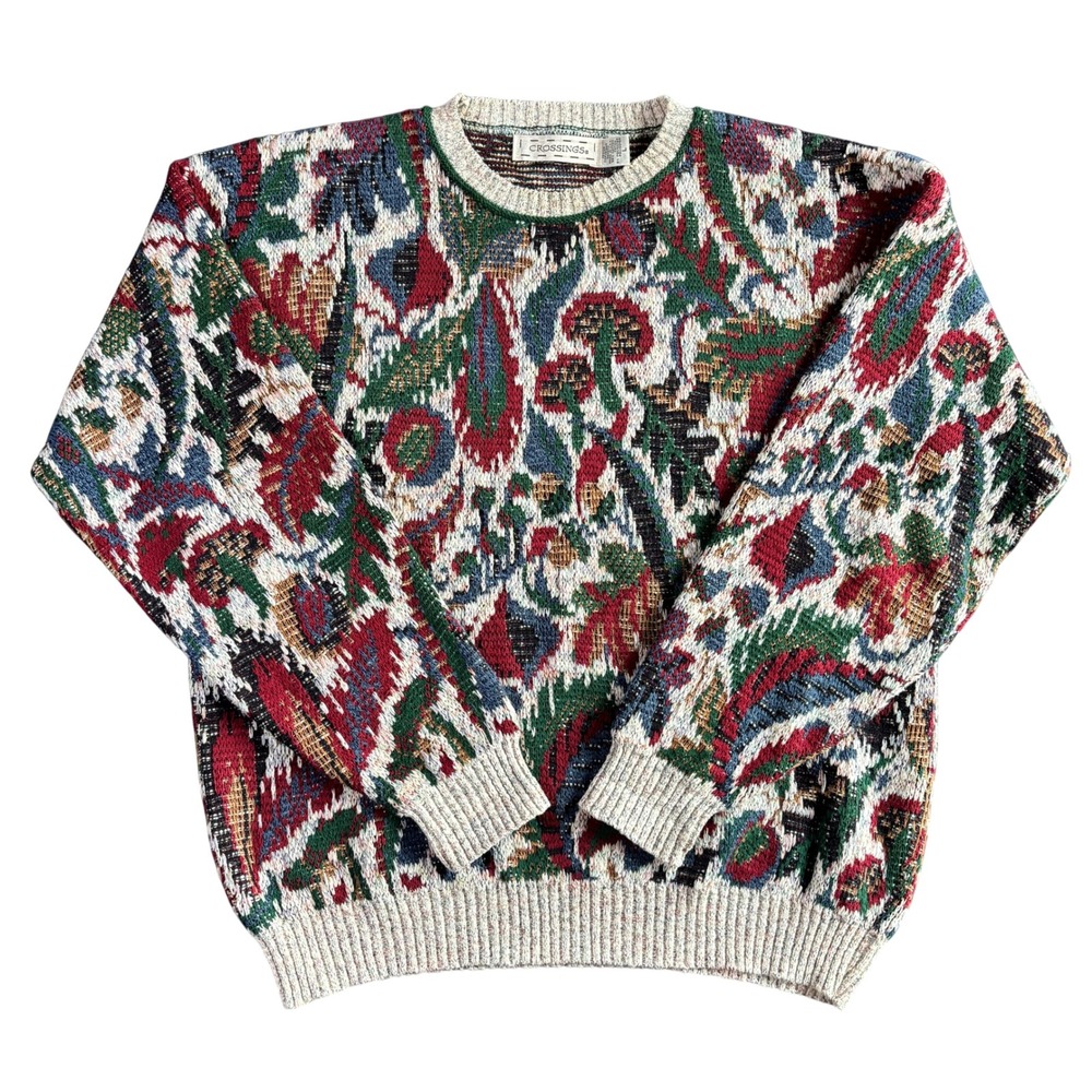 Crossings Mens Sweater Large Multicolor Cotton Blend Abstract Intarsia Knit USA